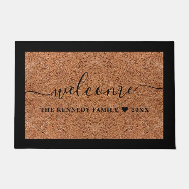 Rustic Welcome Family Name Personalized Coir Doormat (Front)