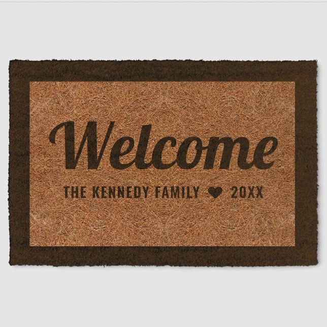 Rustic Welcome Family Name Personalized Coir Mat (Front)