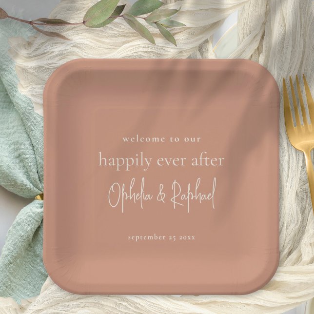 Rustic Welcome Message Script Terracotta Wedding Paper Plates (Square 9" Terracotta. Fully customisable.)