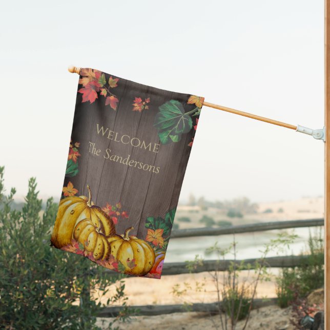 Rustic Welcome Orange Pumpkin Fall Leaves Wood Hou House Flag (Insitu (Back))