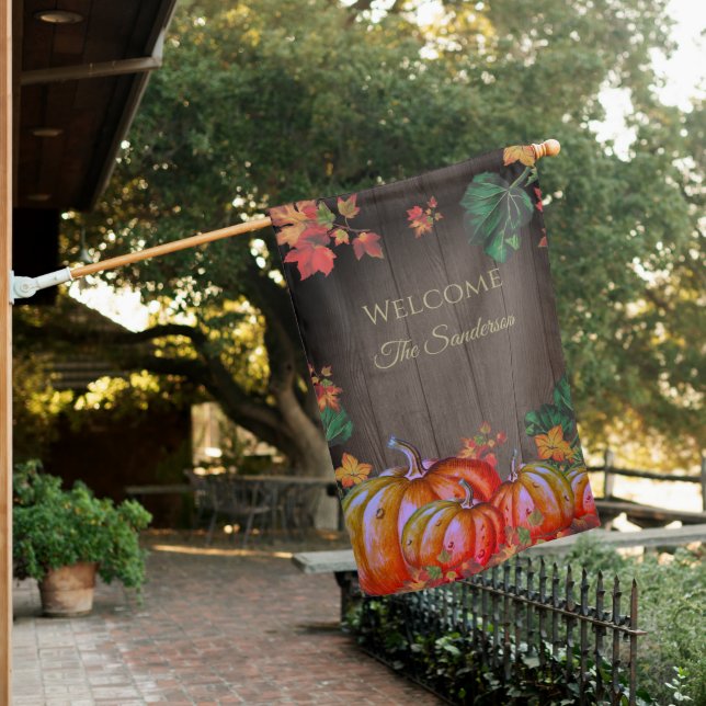 Rustic Welcome Orange Pumpkin Fall Leaves Wood House Flag (In SItu)