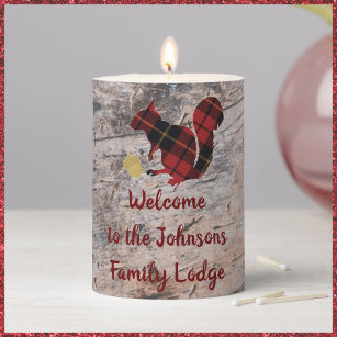 Rustic Welcome Plaid Squirrel   Pillar Candle