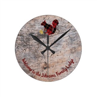 Rustic Welcome Plaid Squirrel  Round Clock