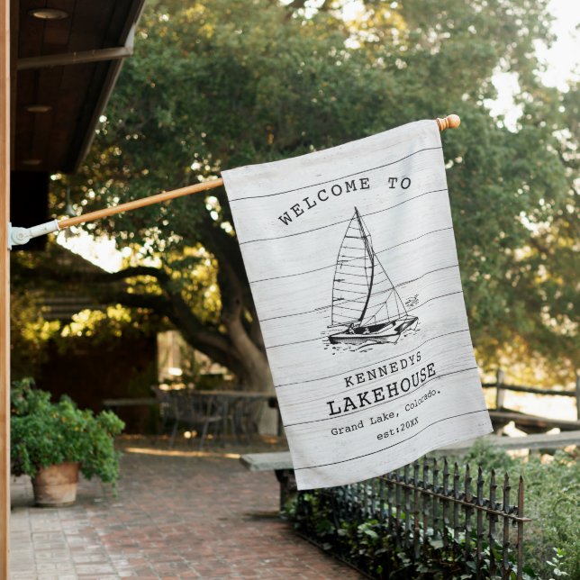 Rustic Welcome To Family Lake House White Wood House Flag (In SItu)