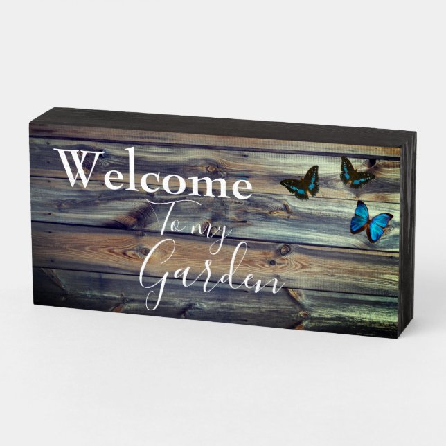 Rustic "Welcome To My Garden" Quote White Text  Wooden Box Sign (Angled Horizontal)