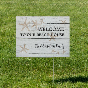 Rustic welcome to our family beach driftwood house sign