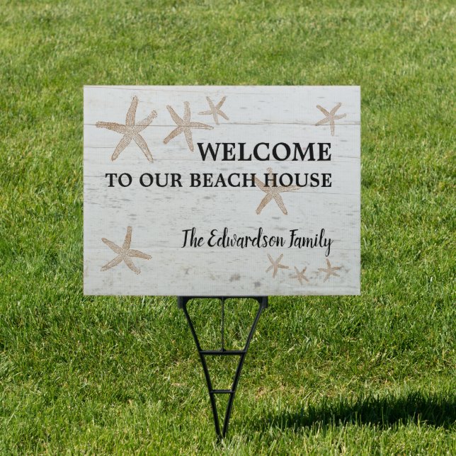 Rustic welcome to our family beach driftwood house sign (Insitu)