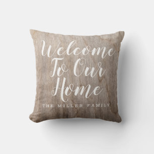 Rustic Welcome To Our Home Custom Family Name Throw Pillow