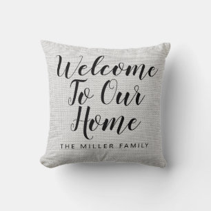 Rustic Welcome To Our Home Custom Family Name Throw Pillow