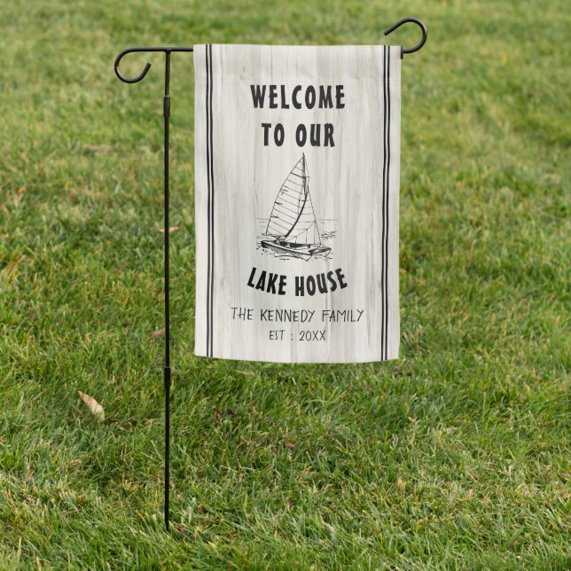 Rustic Welcome To Our Lake House Family Name Garden Flag (In SItu)