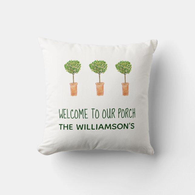 Rustic Welcome to Our Porch Family Name Throw Pillow (Front)