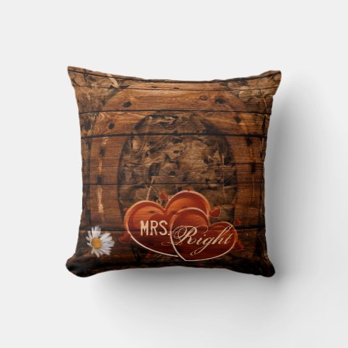 Rustic Western Barn Wood Horseshoe Wedding Throw Pillow