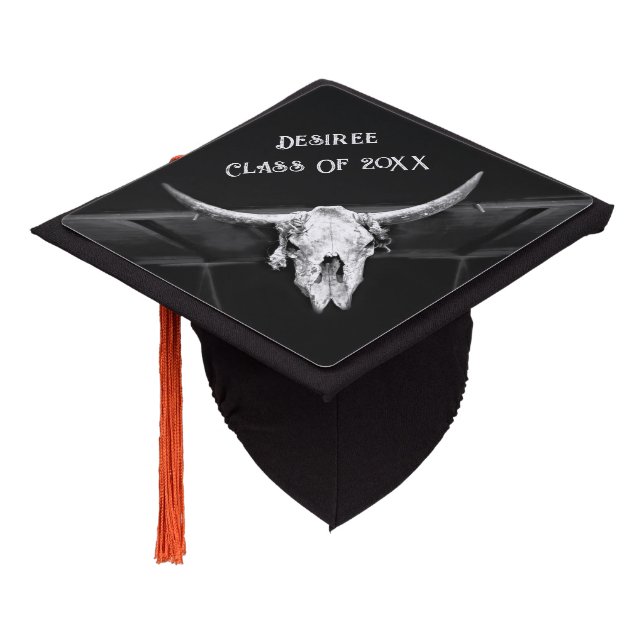 Rustic Western Black And White Bull Skull Graduation Cap Topper (Angled)