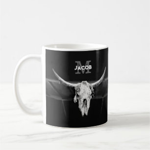 Rustic Western Black And White Bull Skull Monogram Coffee Mug