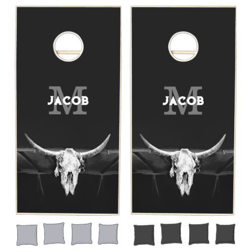 Rustic Western Black And White Bull Skull Monogram Cornhole Set