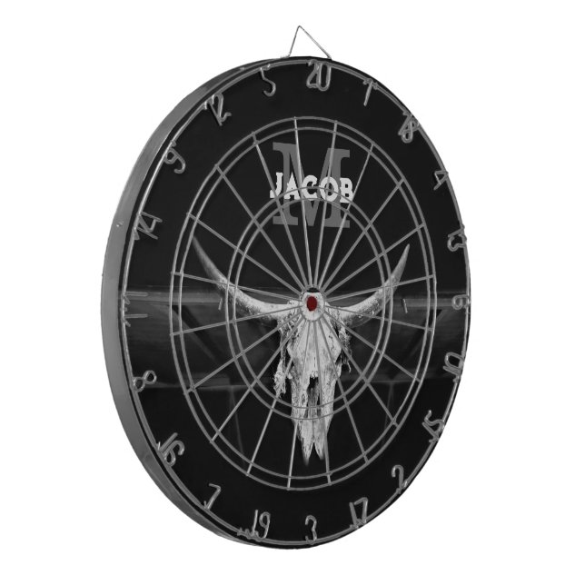 Rustic Western Black And White Bull Skull Monogram Dart Board (Front Left)