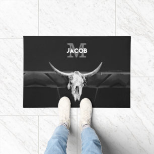 Rustic Western Black And White Bull Skull Monogram Doormat