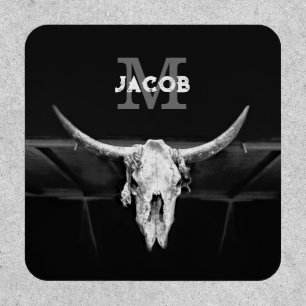 Rustic Western Black And White Bull Skull Monogram Patch