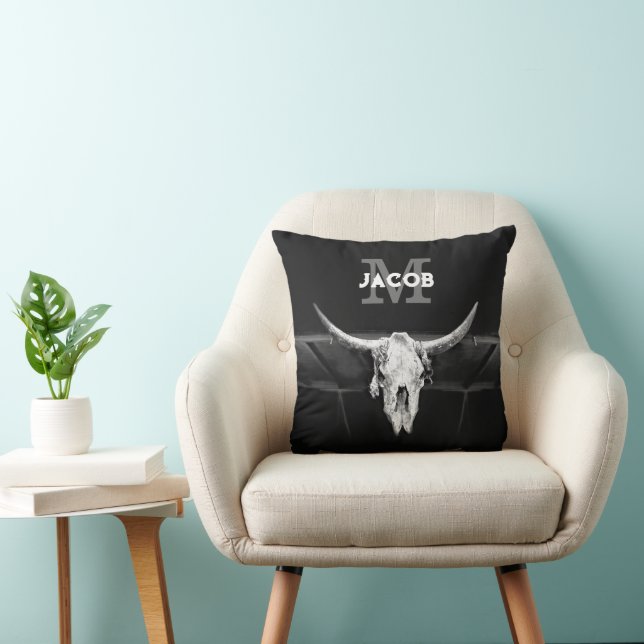 Rustic Western Black And White Bull Skull Monogram Throw Pillow (Chair)