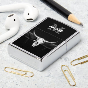 Rustic Western Black And White Bull Skull Monogram Zippo Lighter