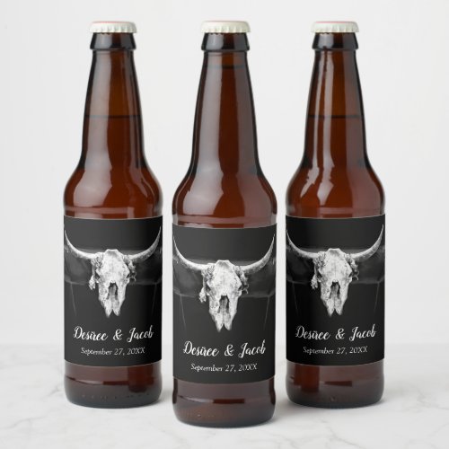 Rustic Western Black And White Bull Skull Wedding Beer Bottle Label