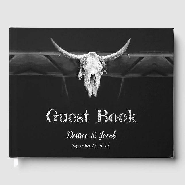 Rustic Western Black And White Bull Skull Wedding Guest Book (Front)
