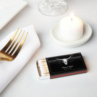 Rustic Western Black And White Bull Skull Wedding Matchboxes