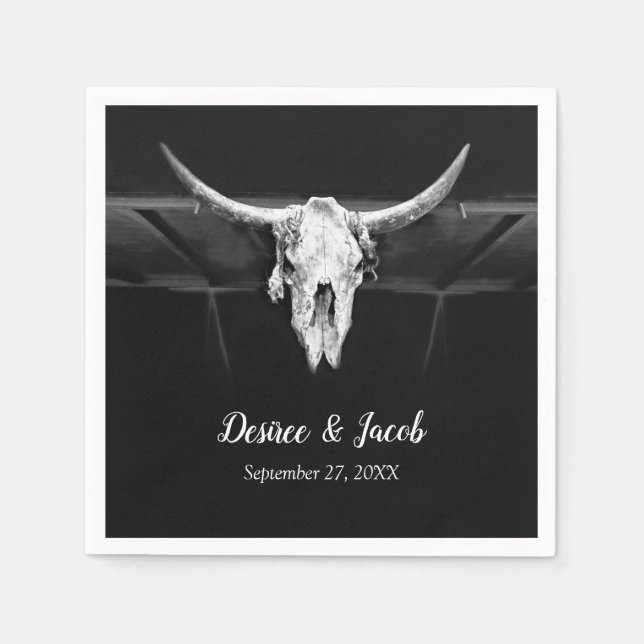 Rustic Western Black And White Bull Skull Wedding Napkins (Front)