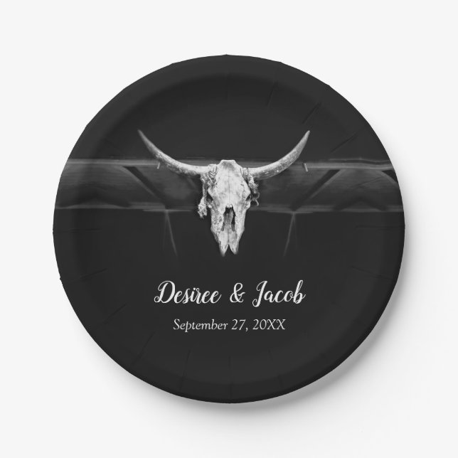 Rustic Western Black And White Bull Skull Wedding Paper Plates (Front)