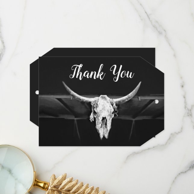 Rustic Western Black And White Bull Skull Wedding Thank You Card (Front/Back In Situ)