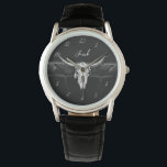 Rustic Western Black And White Bull Skull Wedding Watch<br><div class="desc">Rustic western black and white bull cow skull country cowboy wedding groom and groomsmen's gift wrist watch. Vintage antique old wild west,  farmhouse inspired. Cool,  trendy,  modern farm animal design. Customize your typography. Image copyright Marg Seregelyi Photography.</div>