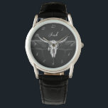 Rustic Western Black And White Bull Skull Wedding Watch<br><div class="desc">Rustic western black and white bull cow skull country cowboy wedding groom and groomsmen's gift wrist watch. Vintage antique old wild west,  farmhouse inspired. Cool,  trendy,  modern farm animal design. Customize your typography. Image copyright Marg Seregelyi Photography.</div>