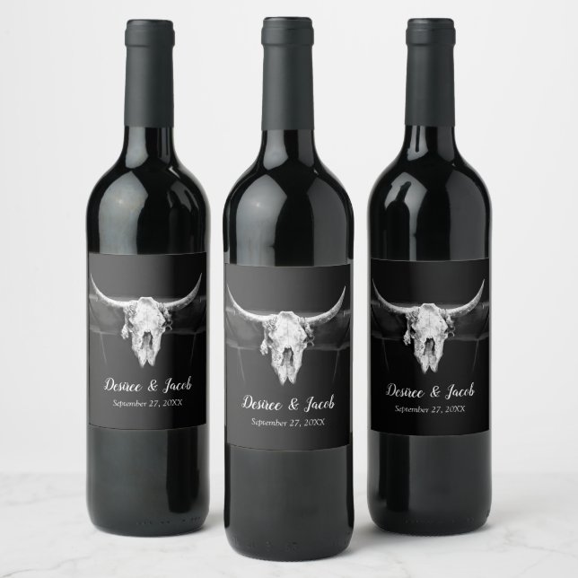 Rustic Western Black And White Bull Skull Wedding Wine Label (Bottles)