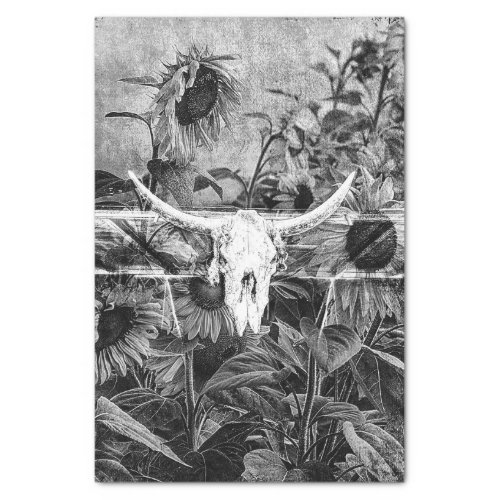 Rustic Western Black And White Floral Bull Skull Tissue Paper