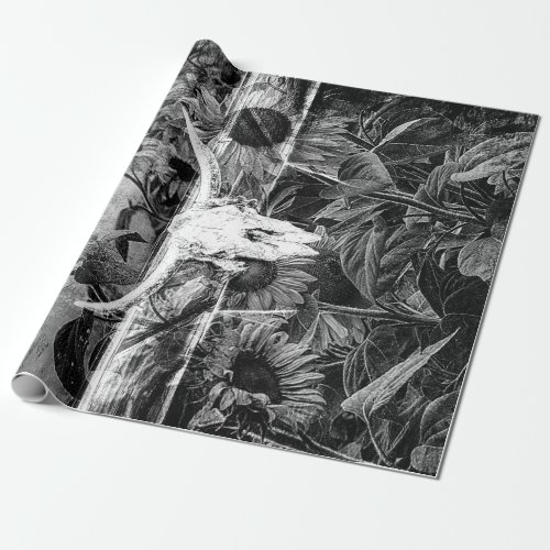 Rustic Western Black And White Floral Bull Skull Wrapping Paper