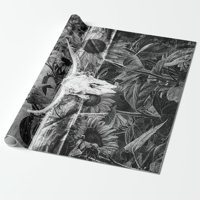 Rustic Western Black And White Floral Bull Skull Wrapping Paper (Unrolled)