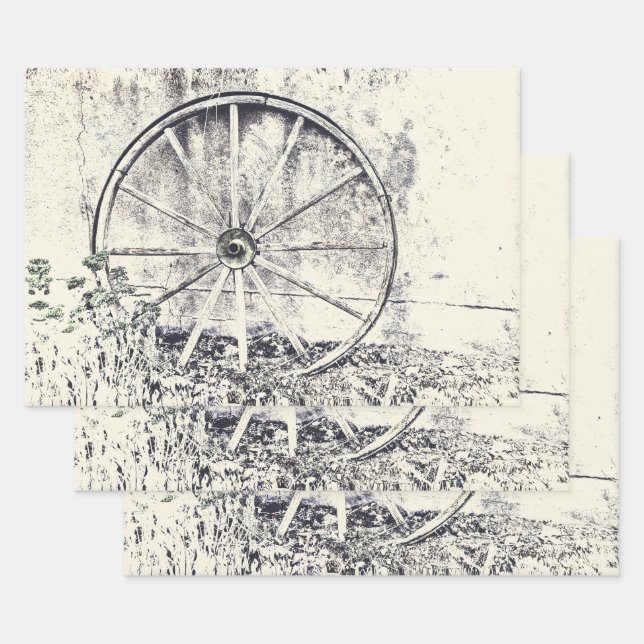  Rustic Western Black And White Wagon Wheel Wrapping Paper Sheets (Set)