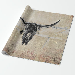 Rustic Western Black Bull Skull Sepia Texture Wrapping Paper
