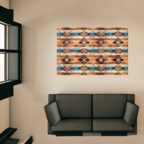 Rustic Western Blue Orange Diamond Pattern Rug