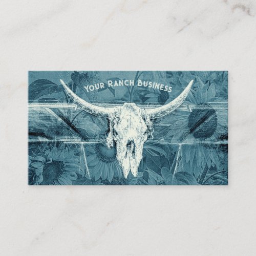 Rustic Western Blue Sunflowers Bull Skull Business Card