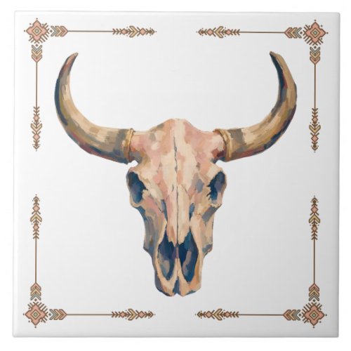 Rustic Western Boho Cow Skull Wall Art Ceramic Tile
