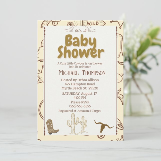 Rustic Western Boho Cowboy Baby Shower Party Invitation (Standing Front)