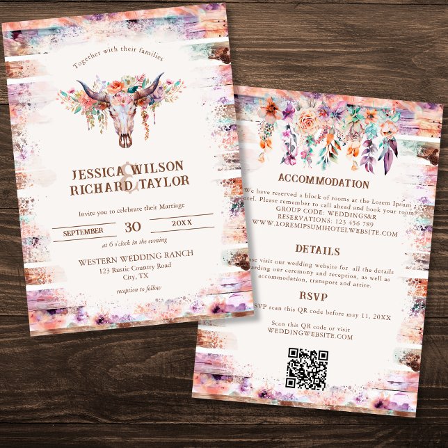 Rustic Western Boho Floral Cow Skull  Invitation (Creator Uploaded)