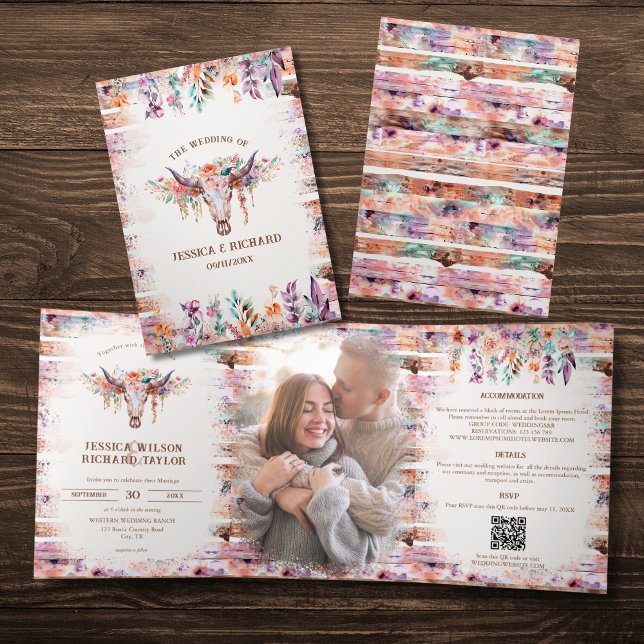 Rustic Western Boho Floral Cow Skull  Tri-Fold Invitation (Creator Uploaded)
