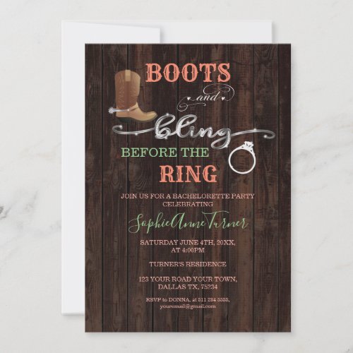 Rustic Western Boots  Bling Bachelorette Party Invitation
