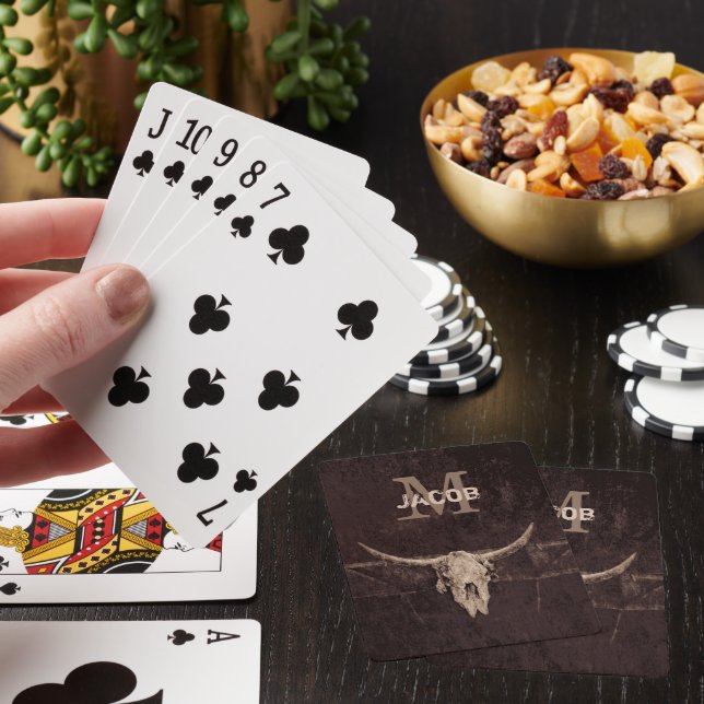Rustic Western Brown Beige Monogram Old Bull Skull Poker Cards (In Situ)