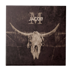 Rustic Western Brown Beige Old Bull Skull Monogram Ceramic Tile