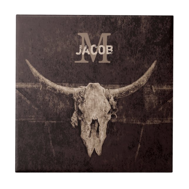 Rustic Western Brown Beige Old Bull Skull Monogram Ceramic Tile (Front)