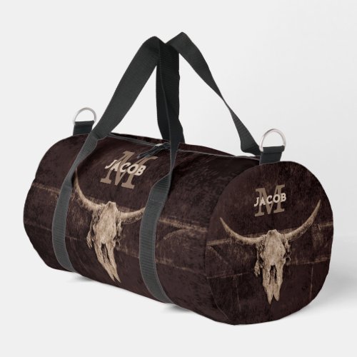 Rustic Western Brown Beige Old Bull Skull Monogram Duffle Bag