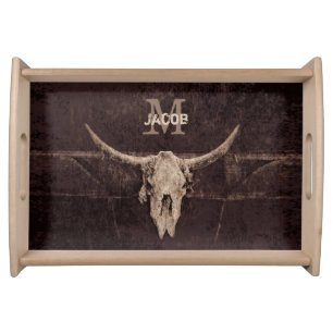 Rustic Western Brown Beige Old Bull Skull Monogram Serving Tray